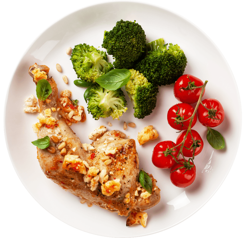 Grilled chicken salad with broccoli and tomatoes