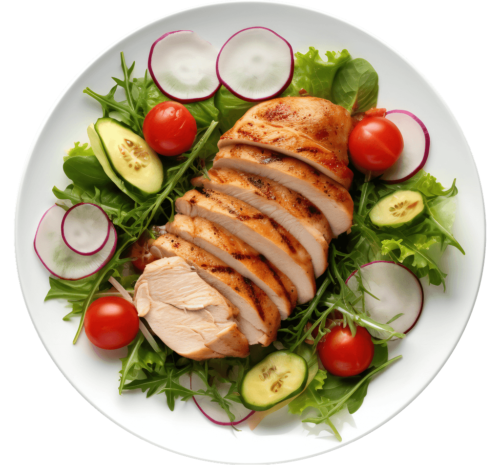 Rainbow crunch salad with sliced chicken and greens
