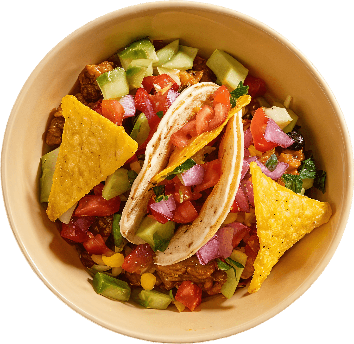 Spicy southwest taco bowl with tortilla chips